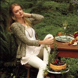 Olive cotton tweed sweater jacket.